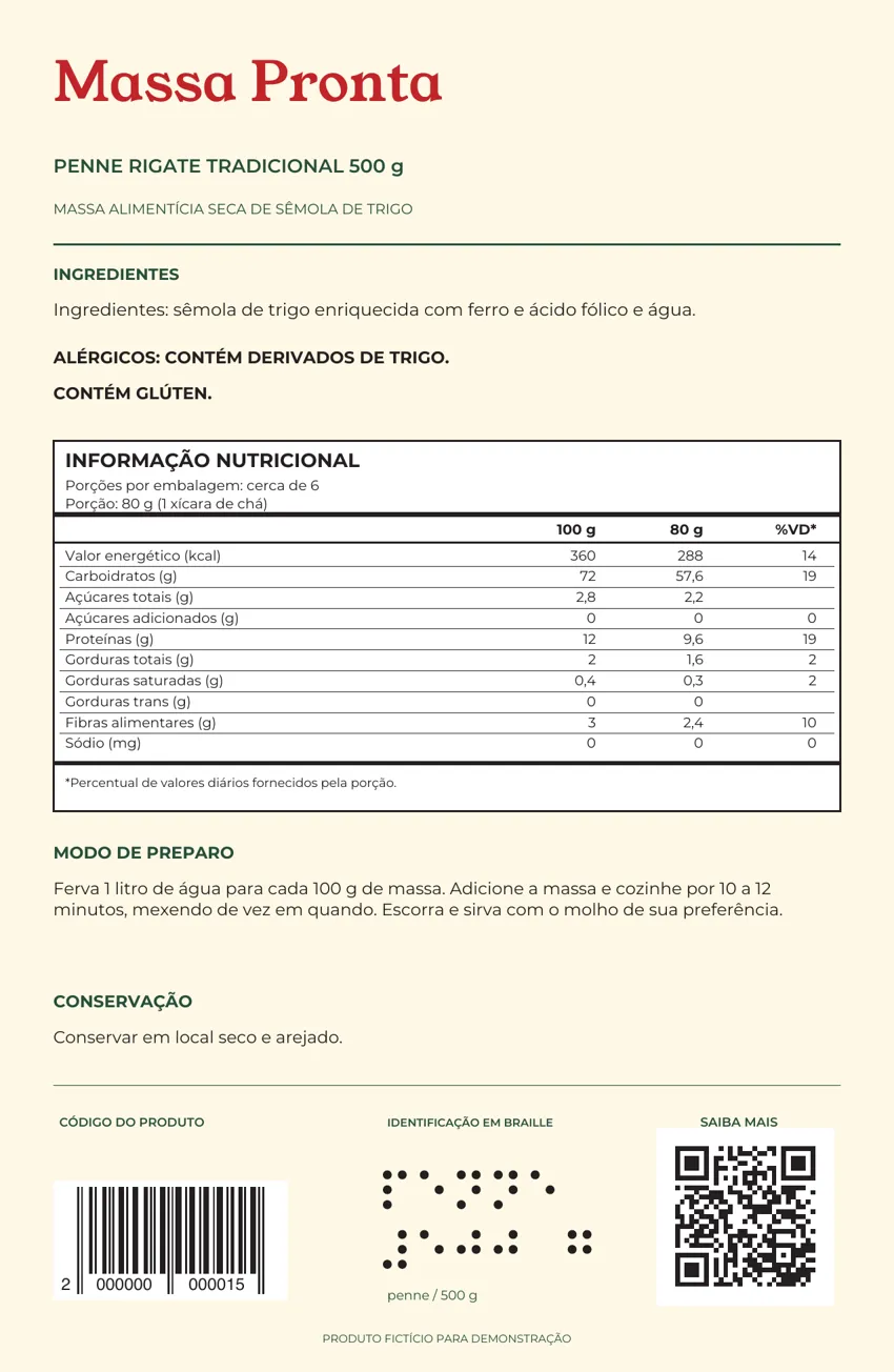 Verso do Penne com a tabela nutricional e o modo de preparo destacados para conferência