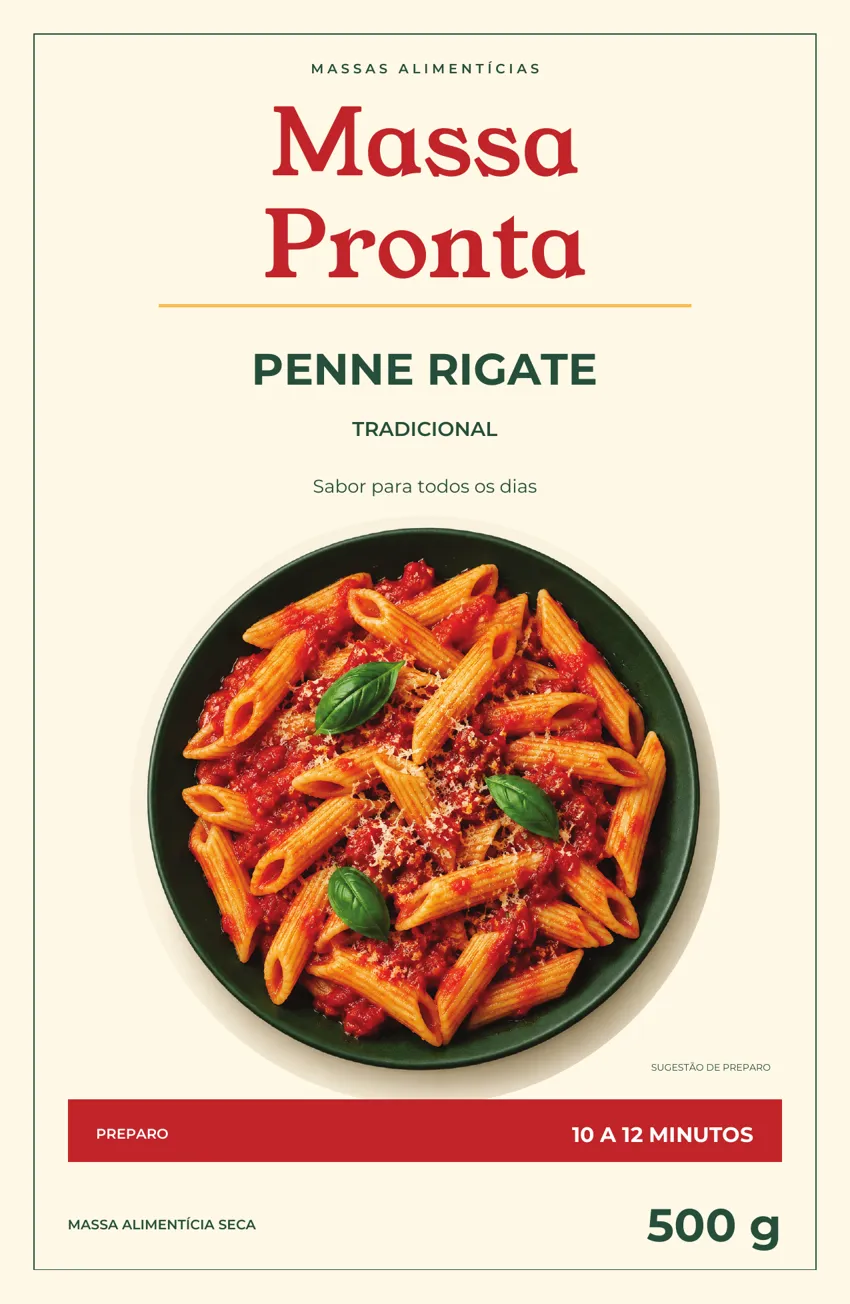 Frente da embalagem Massa Pronta, Penne Rigate 500 g