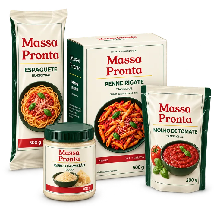 Portfólio Massa Pronta: espaguete, penne rigate, molho de tomate e queijo parmesão
