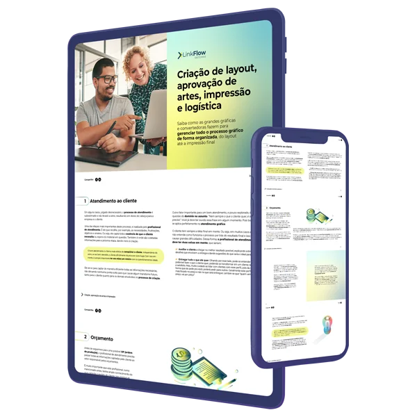 Capa do e-book sobre criação de layout, aprovação de artes, impressão e logística